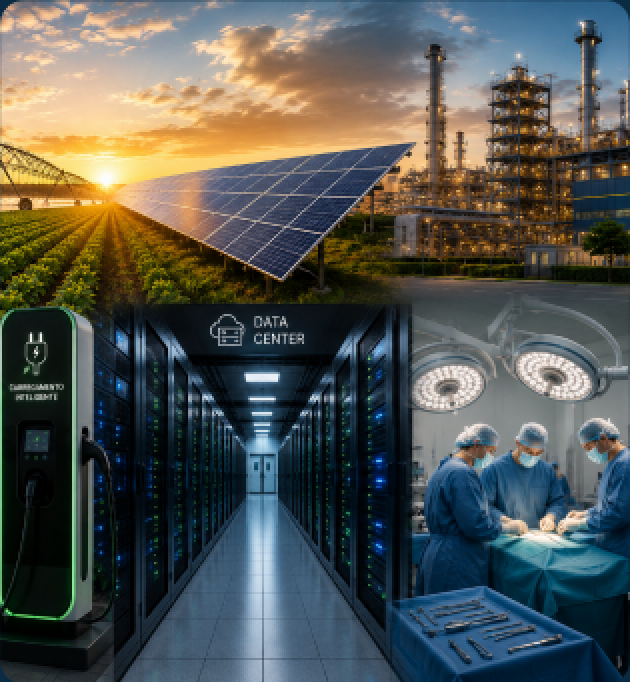 Aplicações Primetrafo: energia solar, indústria, mobilidade elétrica, data center e saúde
